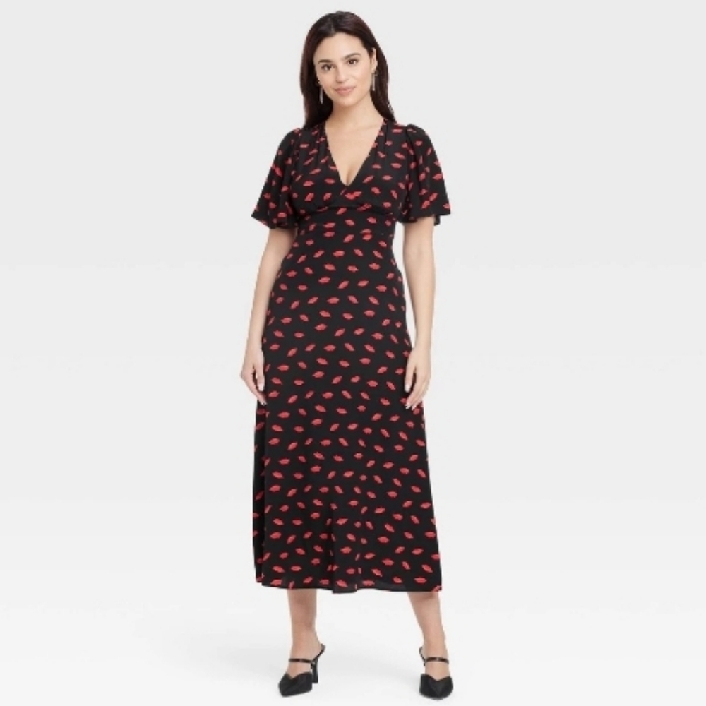 #1309  A New Day Black and Red Patterned Maxi Dress Kisses Print